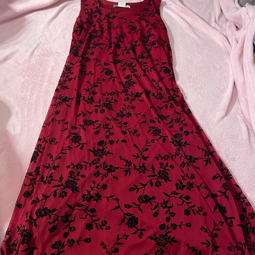 dark red maxi dress with velvet foral details